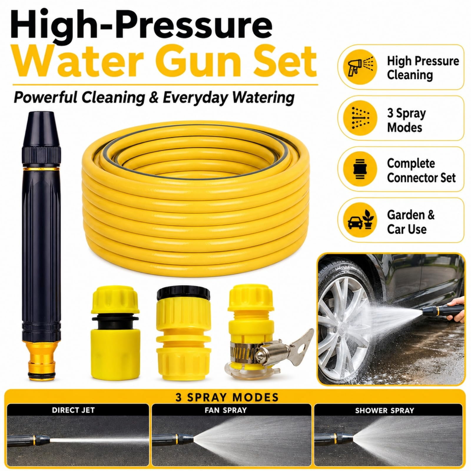 Home High-Pressure Car Wash Water Gun with Booster, Powerful Water Sprayer Kit with Hose and Nozzle, Garden Hose Spray Gun for Car Cleaning, Patio, Lawn and Plant Watering