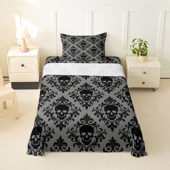 Homewish Bohemian Skull Skeleton Twin Sheets,Hipple Damask Bedding,Gray Black,Halloween Bed Set,3 Pieces,1 Fitted Sheet and 1 Pillowcase