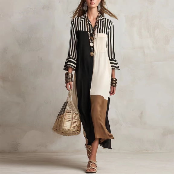 Morttic Women's Summer Striped Shirt Dress – Long Sleeve Spliced Lapel Midi Dress Casual Office & Daily Wear with Chest Pocket Black，S