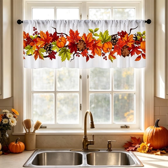 Oioii Harvest Pumpkin Curtains Valance for Bedroom Living Room, Thanksgiving Fall Maple Leaves Curtains & Drapes Rod Pocket Seasonal Autumn Valance for Kitchen Window Curtains Over Sink