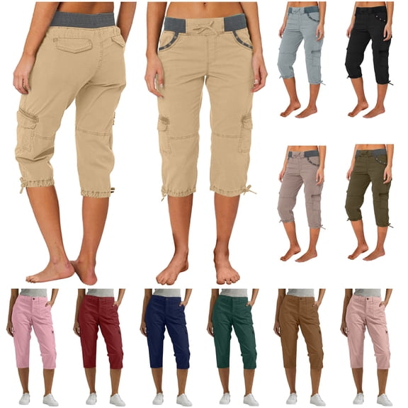 QATAINLAV Womens Cargo Capris Summer Casual Drawstring Low Waisted Hiking Jogger Pants Lightweight Cotton Capri Pants with Pockets Army Green L