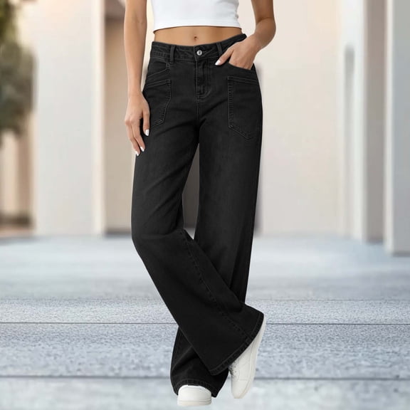 Usloyux Women's Wide Leg High Waisted Jeans with Pockets Casual Loose Denim Pants for Summer Work Beach, Black L