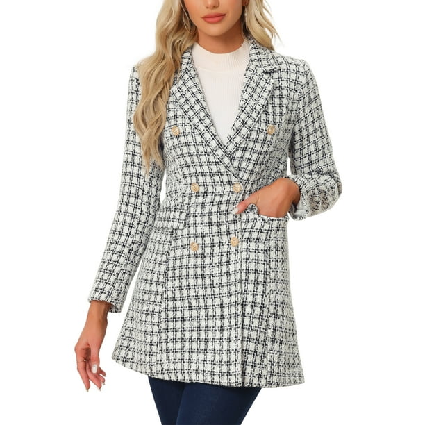 SACO BLAZER DE TWEED A CUADROS DOBLE BOTÓN ELEGANTE CON SOLAPA PARA MUJERES INSPIRE CHIC M BLANCO