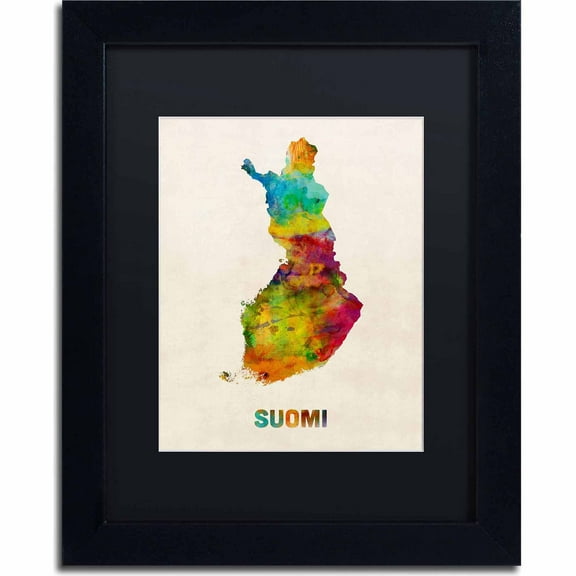 Trademark Fine Art "Finland Watercolor Map (Suomi)" Canvas Art by Michael Tompsett, Black Matte, Black Frame