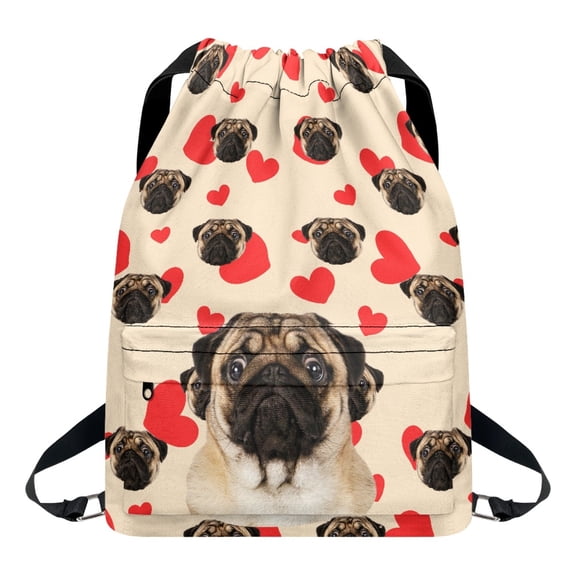 Xoenoiee Pug Dog Pattern Drawstring Backpack for Men Women, Heart Portable String Bag Sports Yoga Sackpack Gym Sack with Zipper Pocket for Beach Swimming Travel Camping