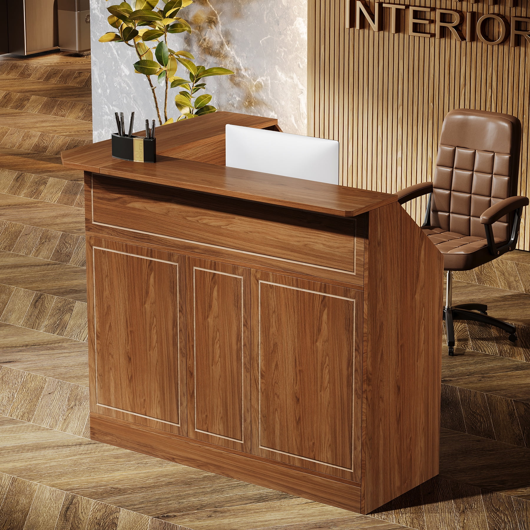 Finmind L-Shaped Reception Desk with Storage Shelves, Modern Front Counter Table for Office, Salon, Checkout Office, Vintage Brown