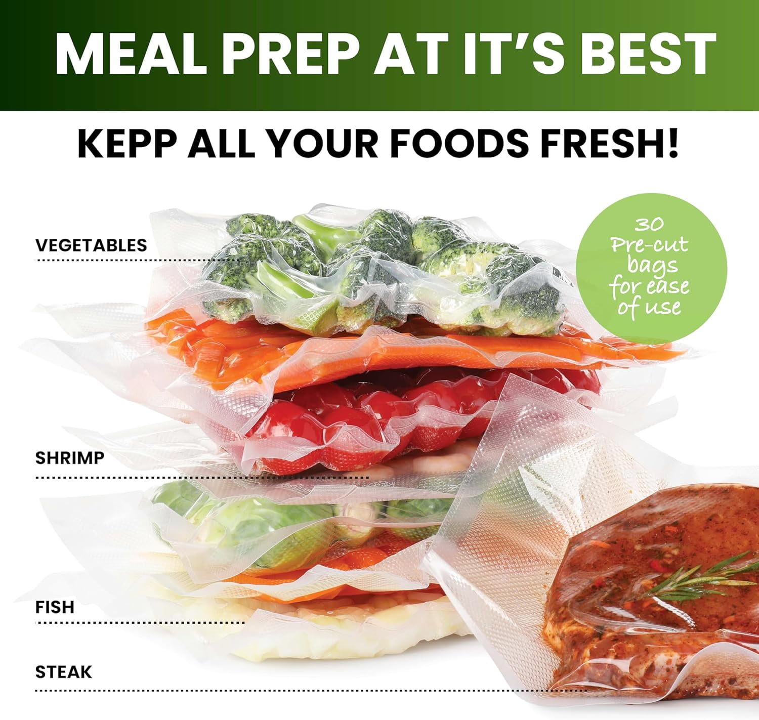 InstaSeal Vacuum Sealer Bags for Food, 1 Roll 8" x 20 Ft + 1 Roll 11" x 20 Ft + 30 Pre Cut Vacuum Seal Bags for Food, Works with MOST Vacuum Sealer Machines, Helps Keep Food Fresher Longer