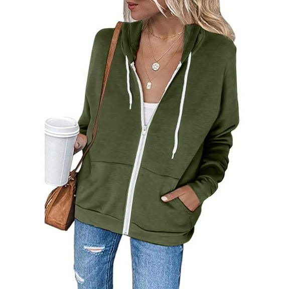 Virmaxy Women's Hooded Sweatshirt Solid Color Fleece Sweater Slim Zipper Drawstring Japanese Sweatshirt Long Sleeve Jacket with Pockets Olive Green M