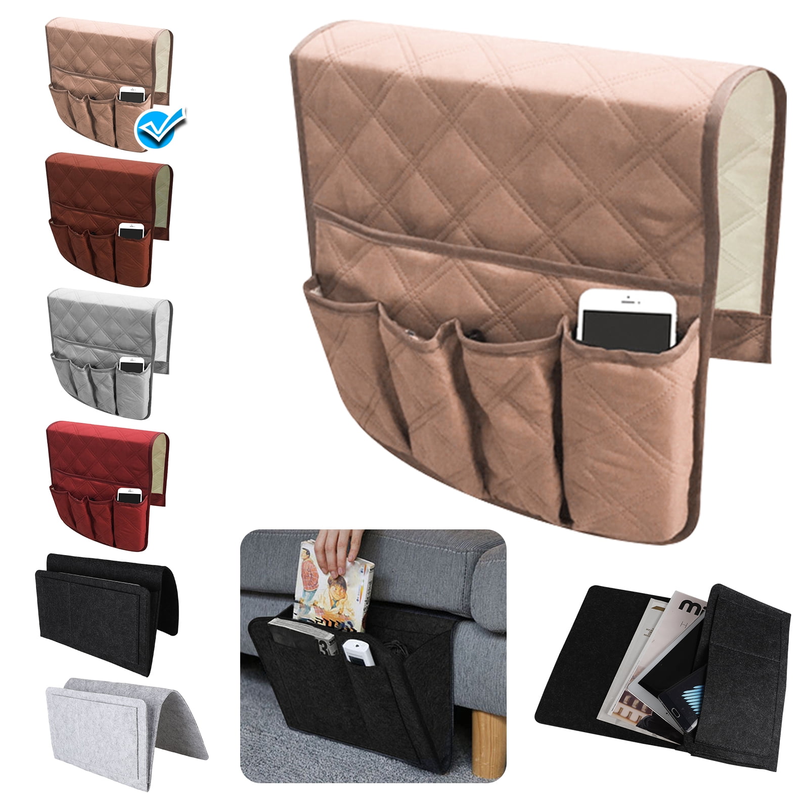 Couch Sofa Chair Armrest Remote Control Storage Organizer Holder, Non-Slip Armchair Caddy Pocket Holder Organizer with 5 Pockets for Phone, Book, Magazines, Ipad, TV Remotes-Brown/Gray/Beige/Red