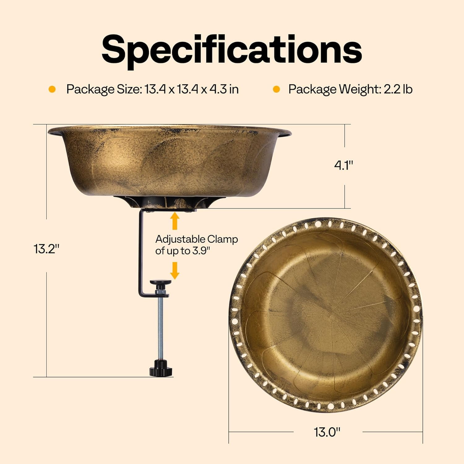SPECSTAR Deck Mounted Polyresin Bird Bath with Adjustable Sturdy Metal Clamp for Railings up to 3.9 Inch, Capacity 1.4 Gallons for Patio, Gardens, Yard, Deck, Copper