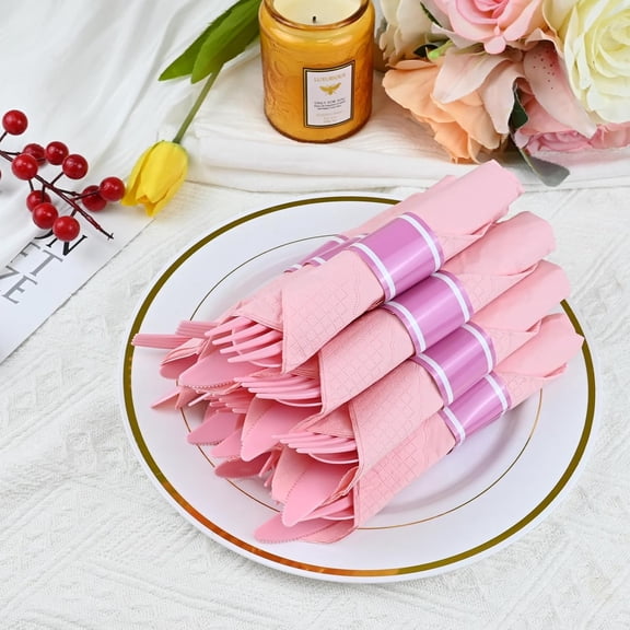 100 Pack Pre-Rolled Pink Plastic Cutlery Set with Paper Napkins
