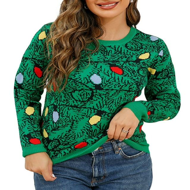 Chandail de Noël pour Femmes Motif Renne Amusant Tricoté Manches Longues Col Classique