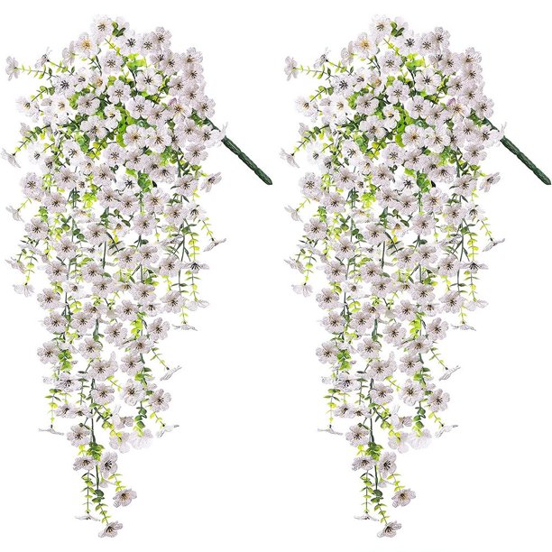 Artificiales Flores Colgantes con Hojas de Seda Resistentes a los Rayos UV, Paquete de 4 Enredaderas Violetas Falsas