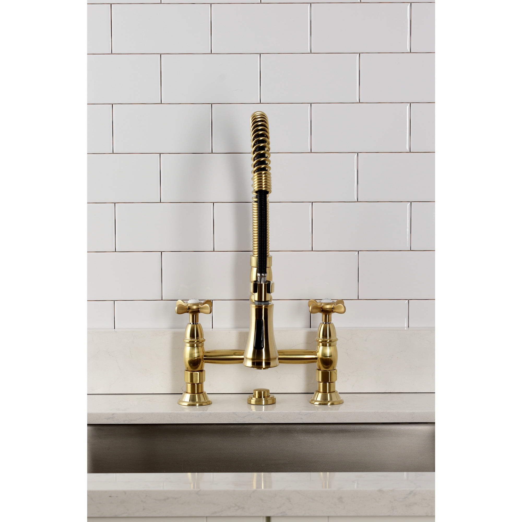 Kingston Brass GS1277BEX Essex Double-Handle 2-Hole Deck-Mount Pre-Rinse Bridge Kitchen Faucet in Brushed Brass