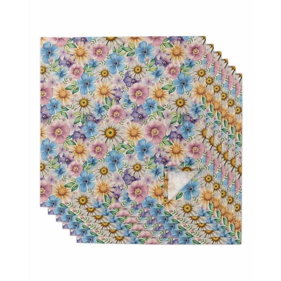Watercolor Flowers Cloth Napkins Set of 6 Reusable Dinner Napkins, Spring Floral Daisy Plants Country Beige Cocktail Napkin Washable Table Napkins for Wedding/Holiday Party/Baby Shower 20"x20"
