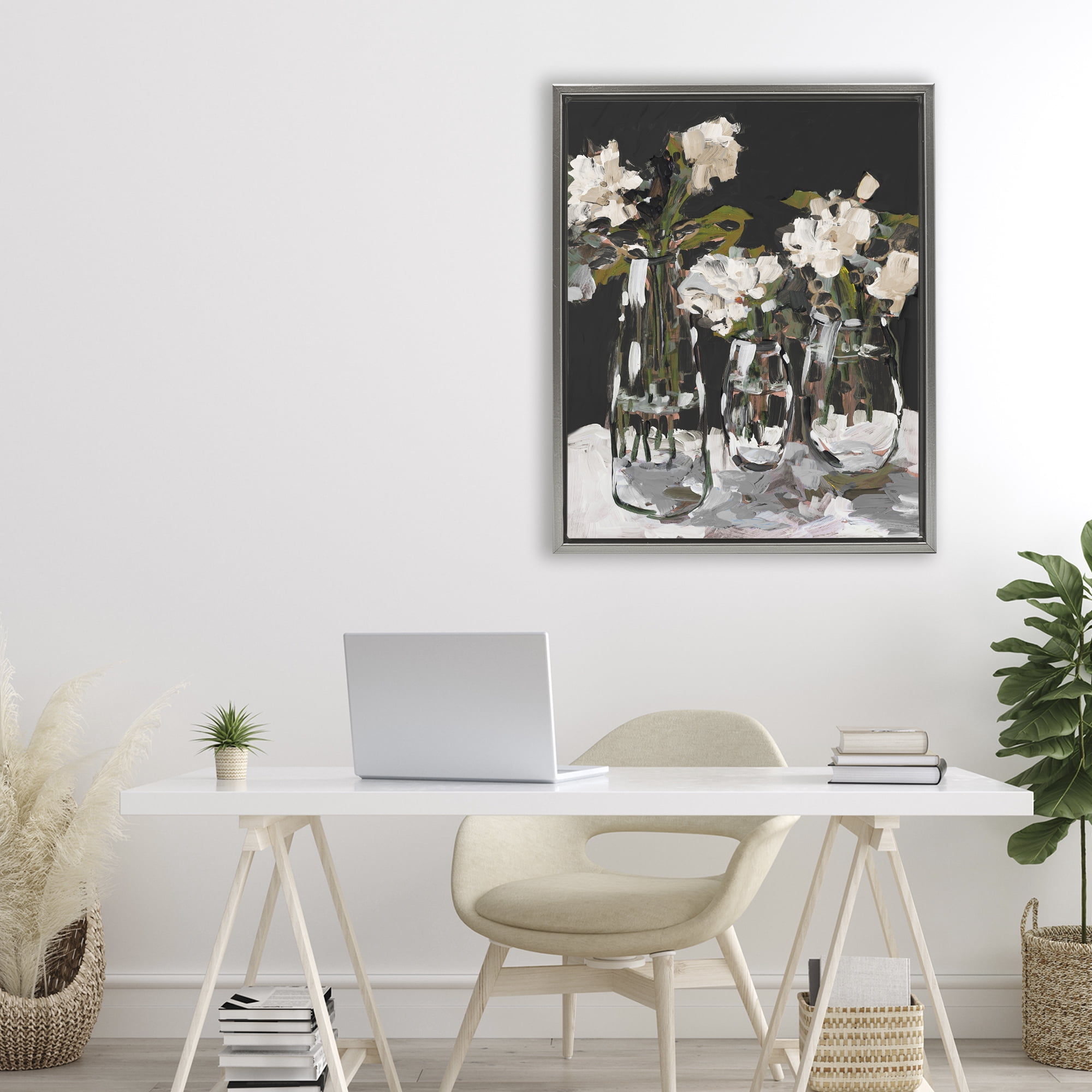 Stupell Industries Three Flower Vases on Black Gray Framed Floater Canvas Wall Art, design by Jane Slivka