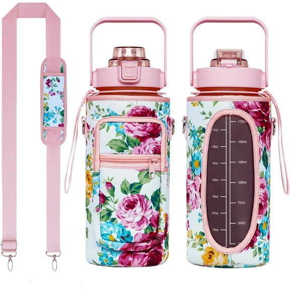 Half Gallon Floral Water Bottle with Sleeve - Flip Top Bpa Free floral Water Bottle 64 OZ - Leakproof Water Jug with Time Marker - Motivational Gym Water Bottle for Office Gym Outdoor Hiking Travel