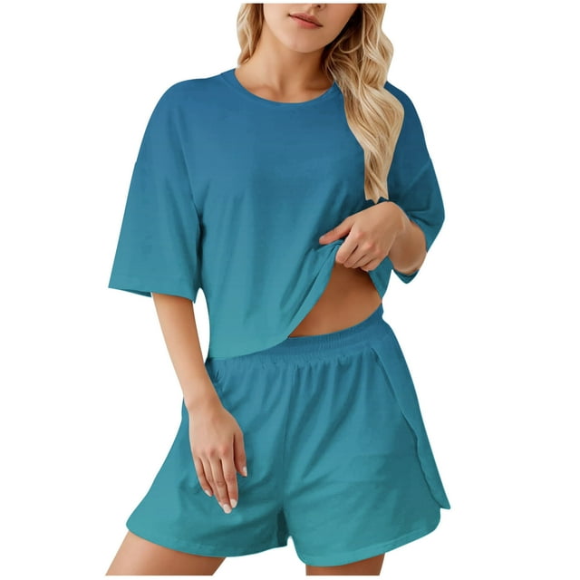 cfhntfmh Ensemble Deux Pièces pour Femmes Ensemble Dégradé de Couleur Haut à Col Rond et Shorts Ensemble de Pyjamas pour Femmes