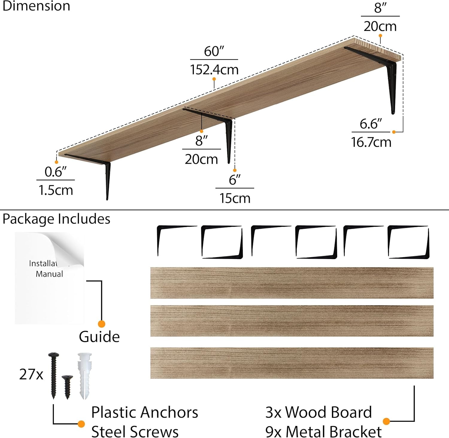 Wallniture Arras 60 inch Long, 8" Deep Rustic Floating Shelves for Wall Decor, Wall Bookshelf Living Room, Shelves for Kitchen, Pantry Floating Shelf, Set of 3, Burnt, Wood