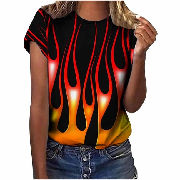 Blusa de manga corta con cuello redondo y estampado de llamas para mujer Pompotops hkajfhjk460417