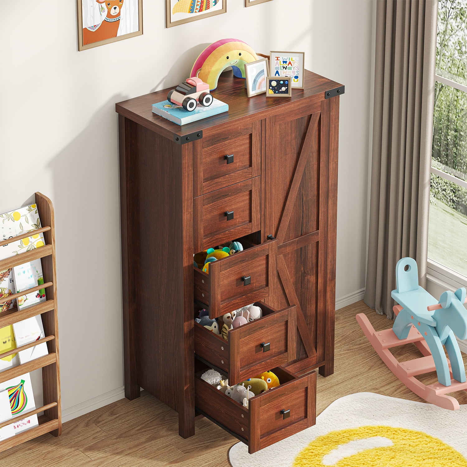 Winkalon 5 Drawers Dresser Chests for Home Bedroom, Farmhouse Wood Rustic Tall Chest of Drawers, Pull Storage Cabinet,Brown