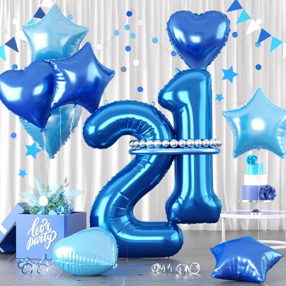 2 Pack Blue Number 21 Balloons, Dark Blue Number 21 Balloons, 21 Number Balloons Set, Bule Foil Star Heart Balloons With Long Balloons For Boys man 21th 12th Birthday Party 1st 2nd Baby Shower Decor