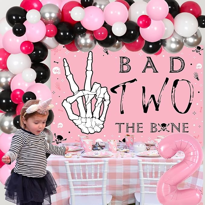 Bad Two the Bone Party Decorations Girl Pink Bad Two the Bone Backdrop Rock Themed 2nd Birthday Balloon Garland Music Themed Birthday Rock N Roll Theme Decors for 2nd Birthday Party