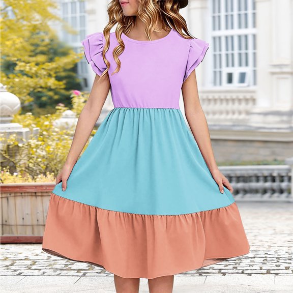 JUSLIO Girls Color Block Dress Cute Crew Neck Flutter Casual Dresses Size 5 Y