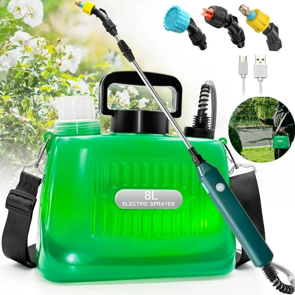 Wallfire Battery Powered Sprayer, Upgraded 8L Electric Garden Sprayer, Telescopic Wand, 3 Mist Nozzles, Shoulder Type Weed Sprayer for Yard, Lawn and Garden,Green