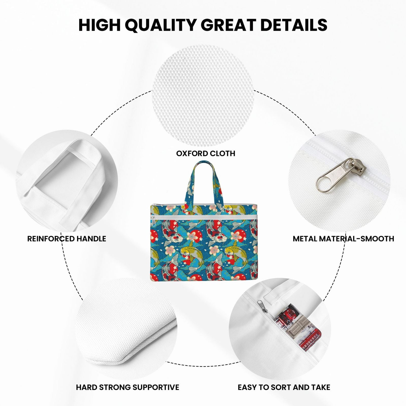 Kdxio Japanese Koi File Tote Document Bag Business Briefcase Bag Document Organizer Tote Briefcase for Letter A4 Files Business Teacher Office Bag