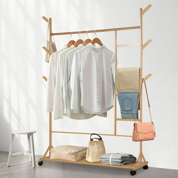 2-Tire Bamboo Clothes Rack with Wheels, Portable Hanging Coat Rack ...