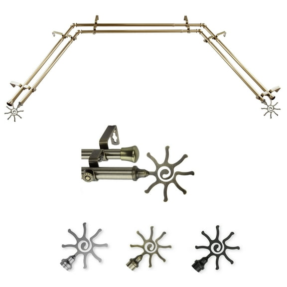 Aelia 13/16" Double Bay Window curtain rod Adjustable 20"-36", 38"-72" - Antique Brass,(ABay-60-4D)