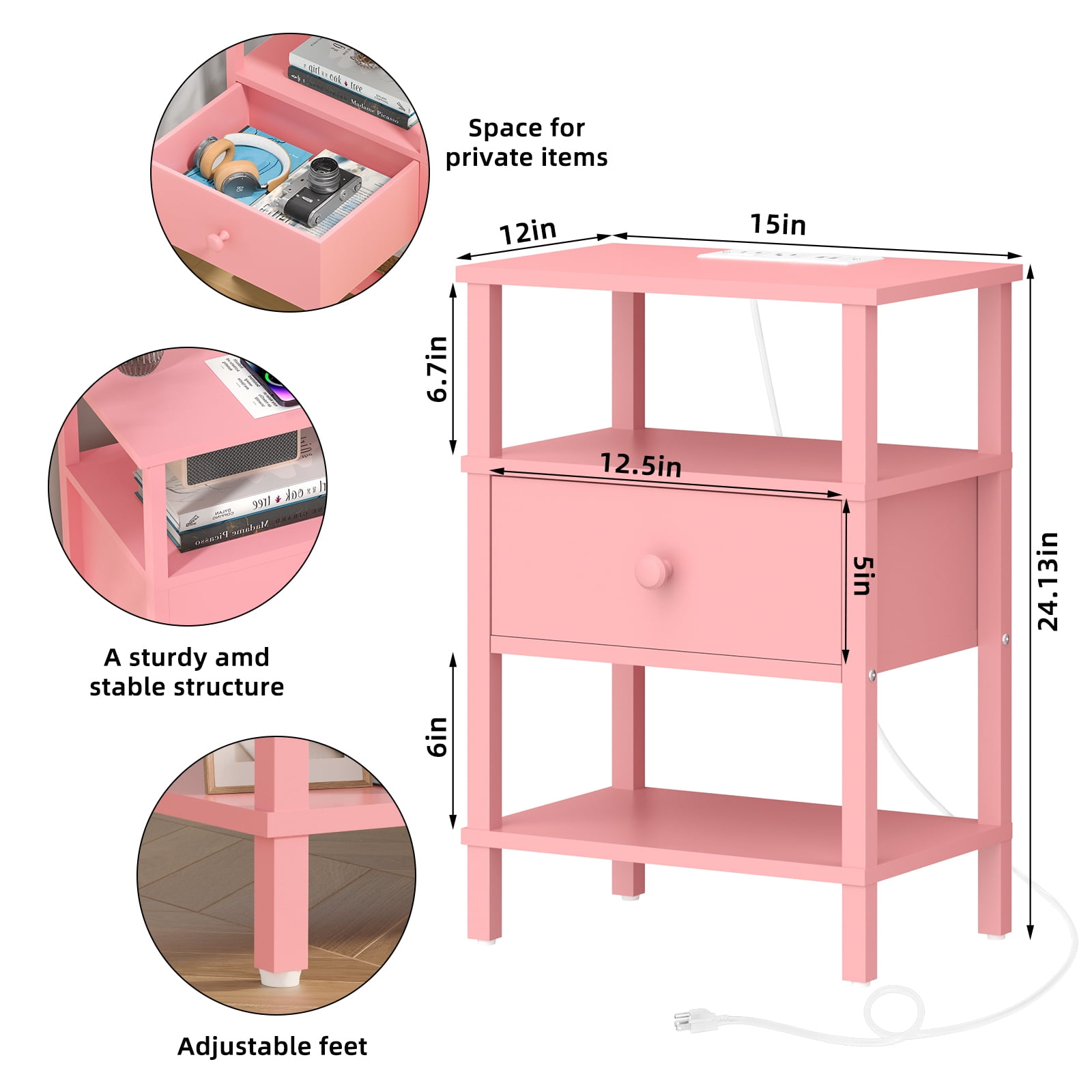 LEYAOYAO 3-Tier Narrow End Table with Charging Station, Wood Side Table for Living Room, Pink