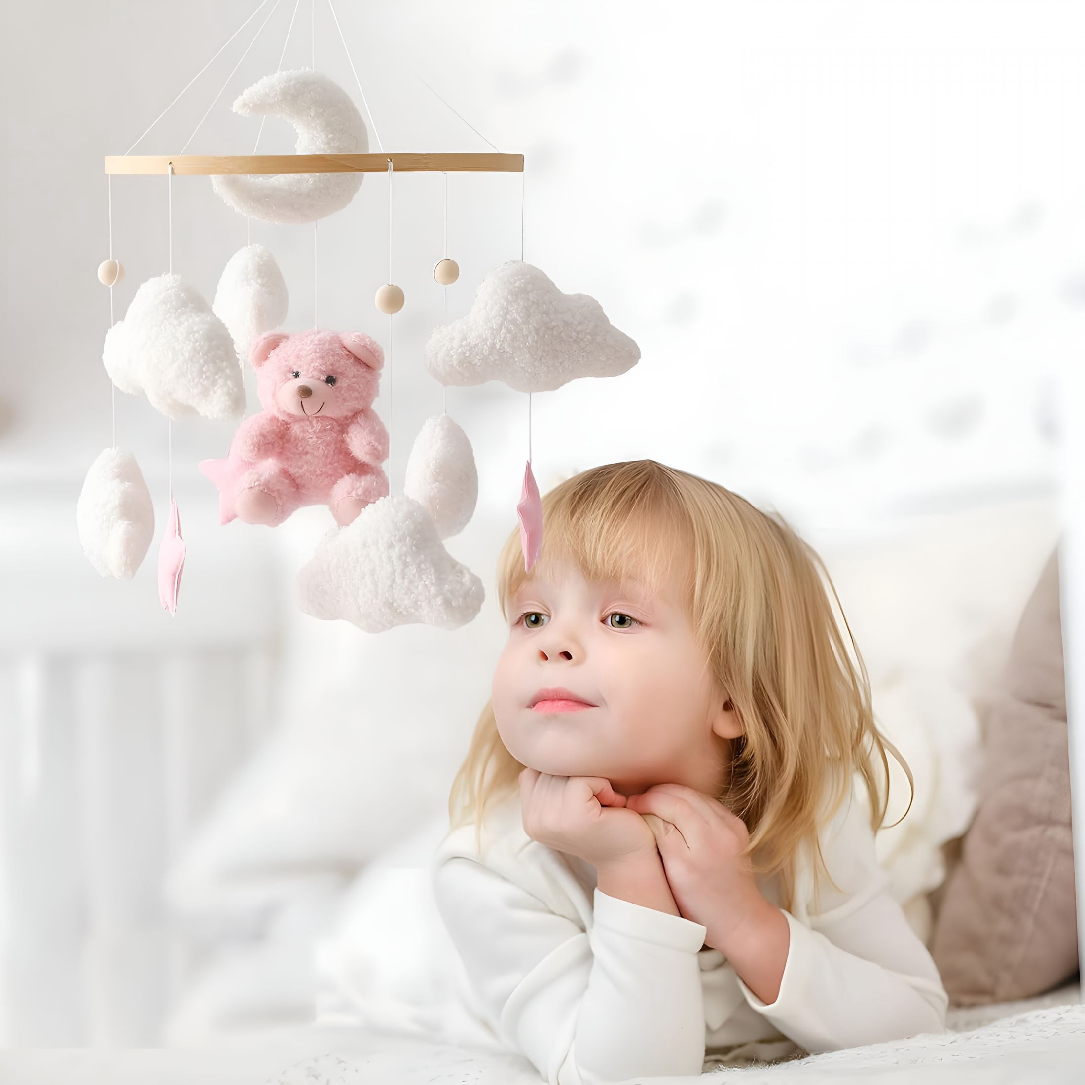 XIBUFE Baby Crib Mobile Bear Nursery Mobile for Boys Girls Teddy Velvet Mobile Nursery Decor for Infant Bedroom Hanging Baby Mobile for Bassinet Newborn Baby Gift（Pink Bear）