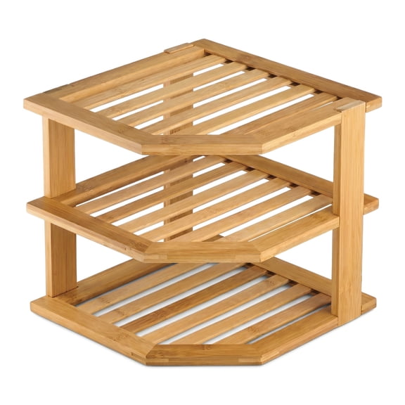 Plate Organizer for Cabinet, Space-Saving 3-Tier Bamboo Corner Shelf – Holds Plates/Bowls, Freestanding, Ideal for Kitchen, Pantry, or Bathroom
