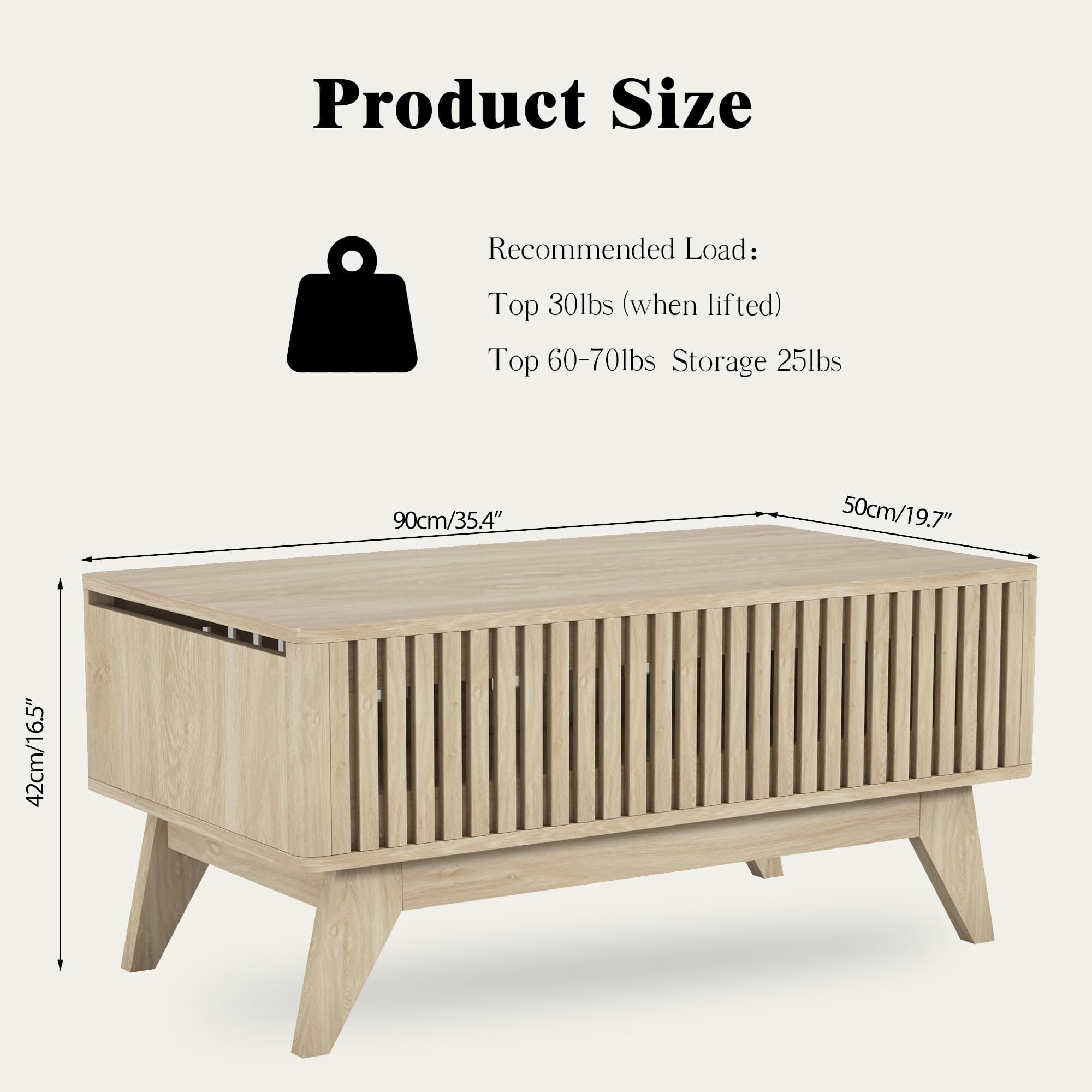 Lift Top Coffee Table with Hidden Storage, Mid Century Modern Fluted Farmhouse Center Table for Living Room, Wood
