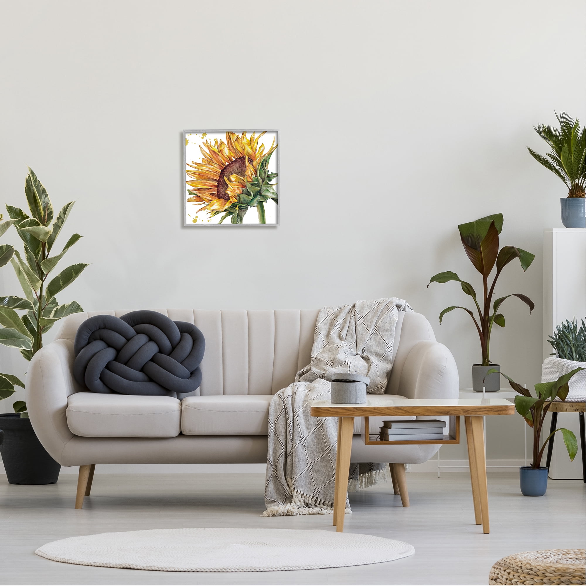 Stupell Industries Sunflower with Modern Splash Botanical & Floral Painting Gray Framed Art Print Wall Art, 17 x 17