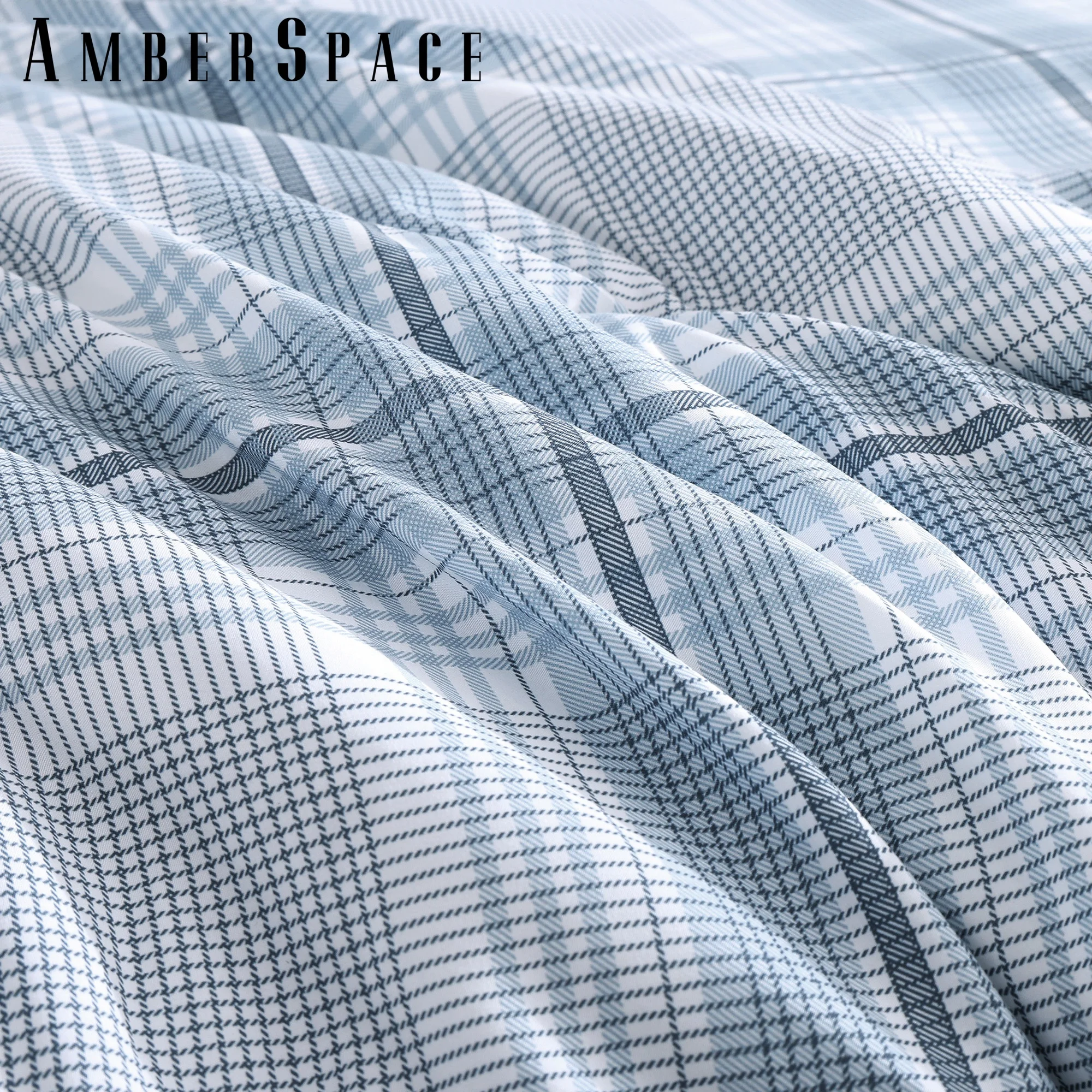 Amberspace Reversible Checkered 7-piece Bed in a Bag Comforter Set with Sheets,Light Blue,Full