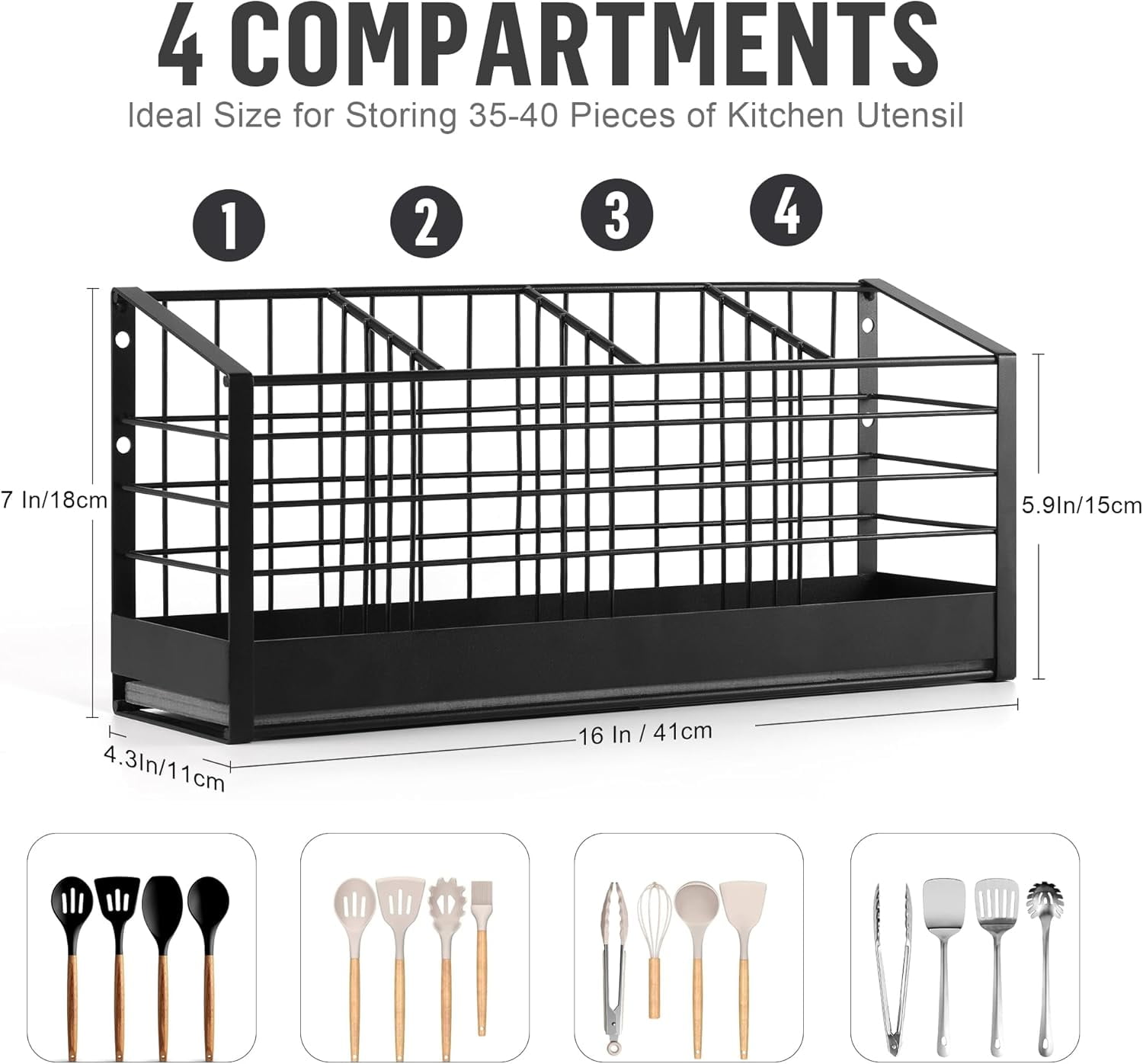 Hnrifc Extra Large Utensil Holder for Kitchen Counter with 4 Compartments, Matte Black Metal Cooking Utensil Organizer with Diatomaceous Earth Base for Kitchen Countertop