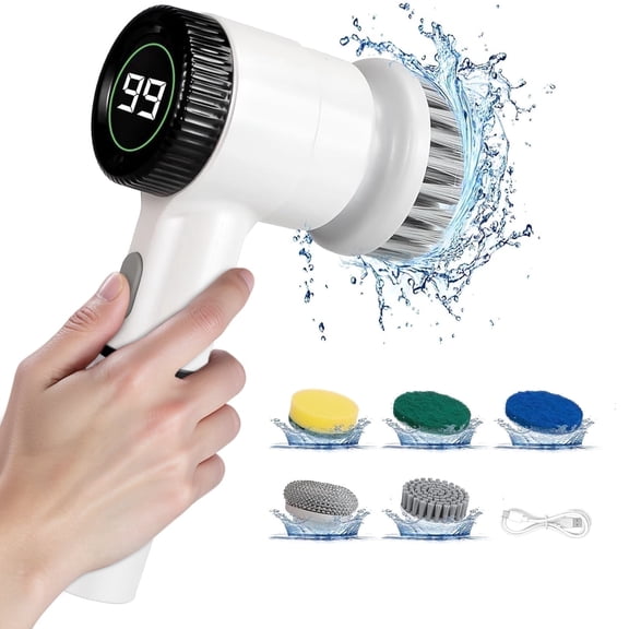 Skdwakiz Electric Spin Scrubber, Cordless Shower Scrubber with 5 Replaceable Heads, 3 Speeds Electric Scrubber for Cleaning, Full-Waterproof Cleaning Brush for Bathroom Sink Window