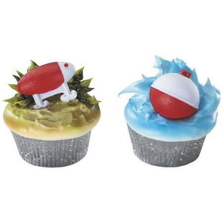 Cupcake Decorating Rings - 24pack Fishing Lure and Bobber Cupcake / Desert / Food Decoration Topper Rings with Favor Stickers & Sparkle Flakes