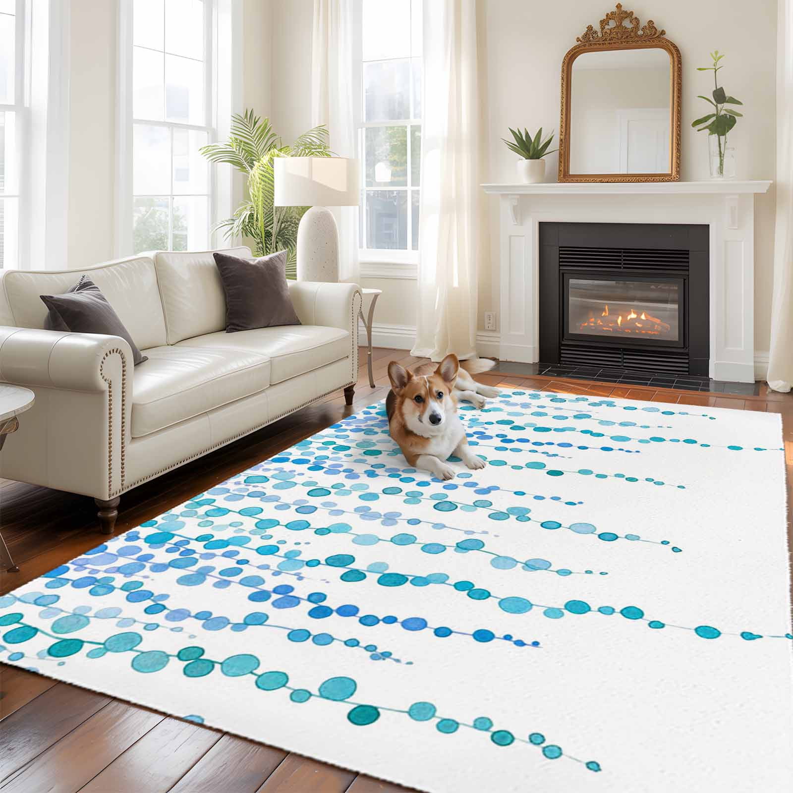 5'x7' Area Rugs for Living Room Bedroom, Blue Polka Dots Washable Rug Carpet Runner Indoor Outdoor, Watercolor Abstract Art Retro Non Slip Floor Mats Area Rug for Kitchen, Nursery