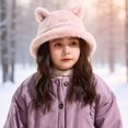 thumbnail image 2 of Ferjadq Kids Fuzzy Fleece Cat Ear Bucket Hat Short Brim Cute Winter Fisherman Cap for Toddler Girls Multi Tone Pink,2-8 Years, 2 of 5
