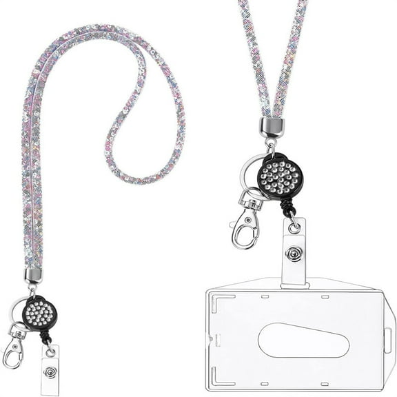 Janrevotw Id Card Holder Lanyard Studded Work Badge Id Badge Dual Purpose Clear Hard Pc Card Holder Rhinestone Cell Phone Lanyard Necklace