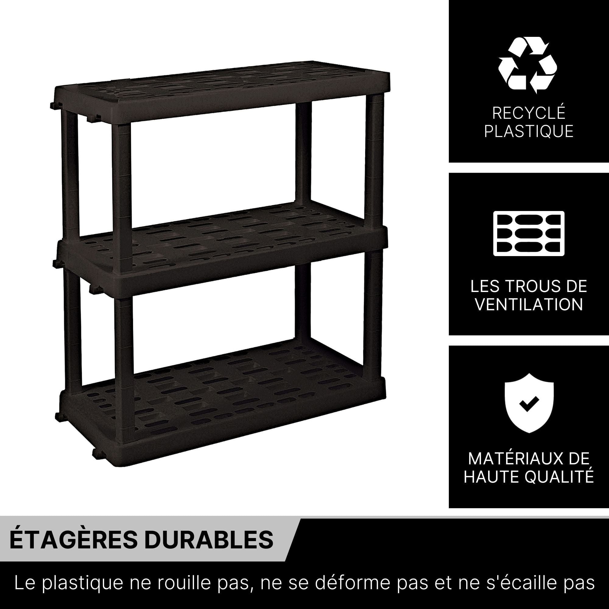 Oskar Plastic Storage Shelves Garage Shelving Unit 3-Tier 37.8"H x 36"W x 17.75"D Black 500 lb Capacity