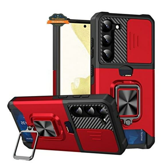 For Samsung Galaxy A26 Wallet Case with Slide Camera Protector, Credit Card Slot, Ring Sand, Magnetic Car Mount Phone Case Cover Red