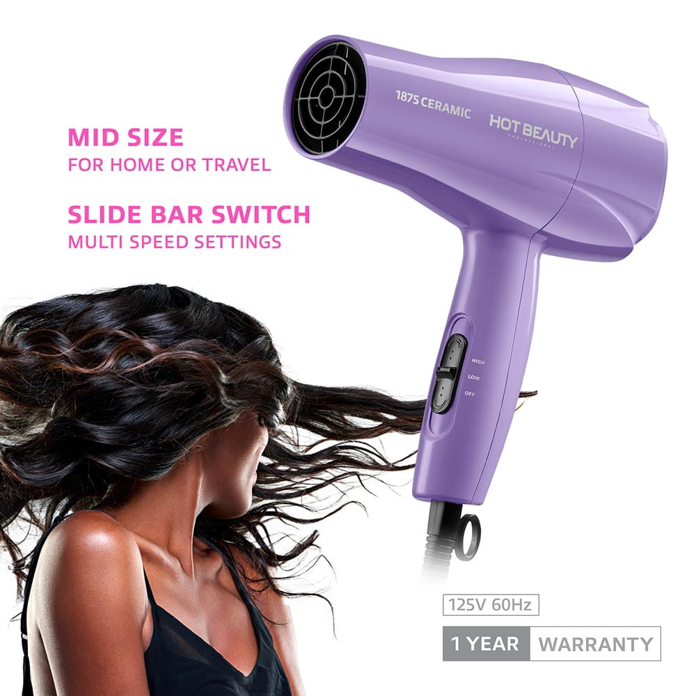 Hot Beauty 1875 Ceramic Hair Dryer, Powerful Fast Drying, Multi-Setting with Comb Attachment, Additional Detangler Included, Slide Bar Switch, Compact for Home & Travel (Purple)