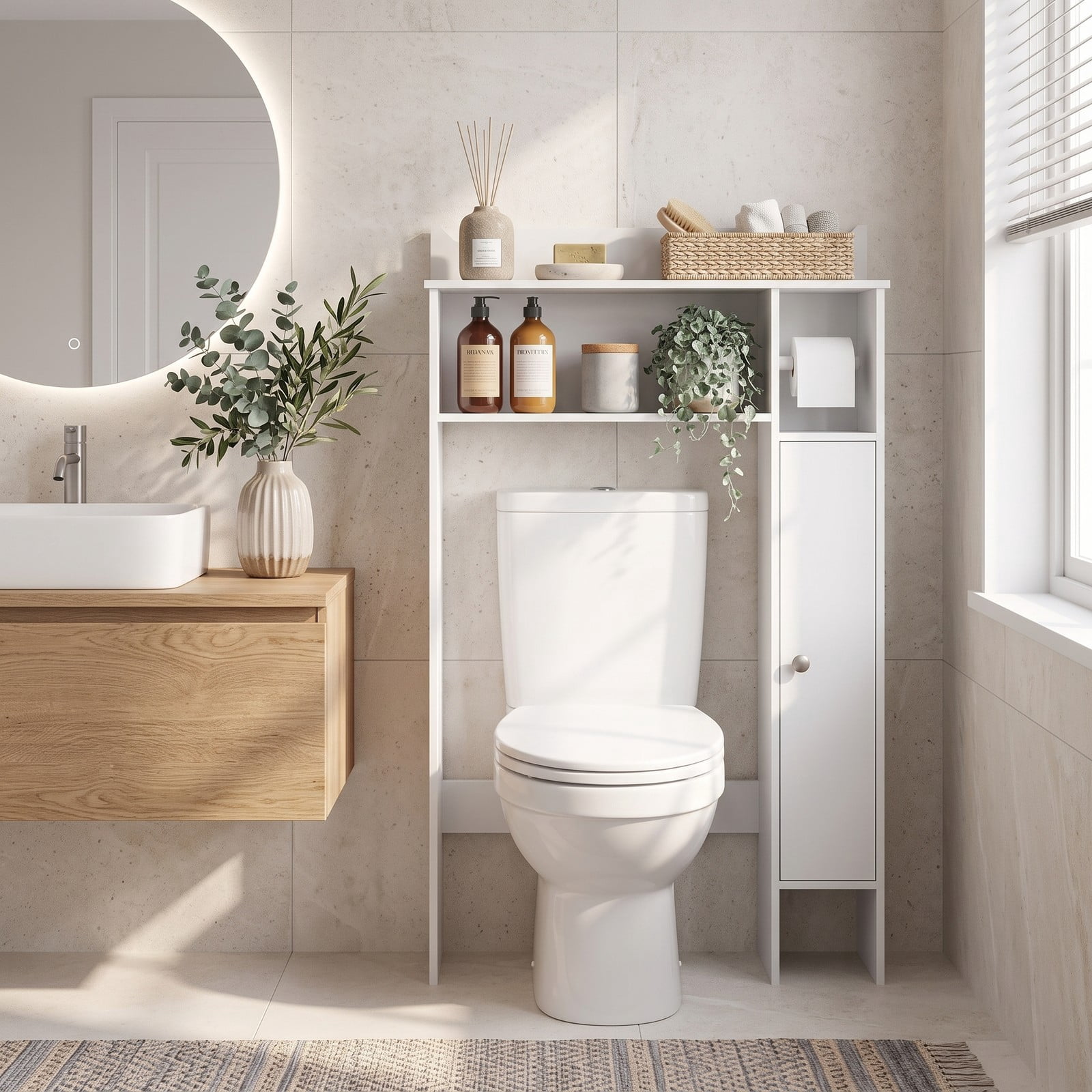 ALPULON Wood Over the Toilet Space Saver with Display Shelf Side Cabinet and Paper Holder for Small Bathroom Storage and Organization, White