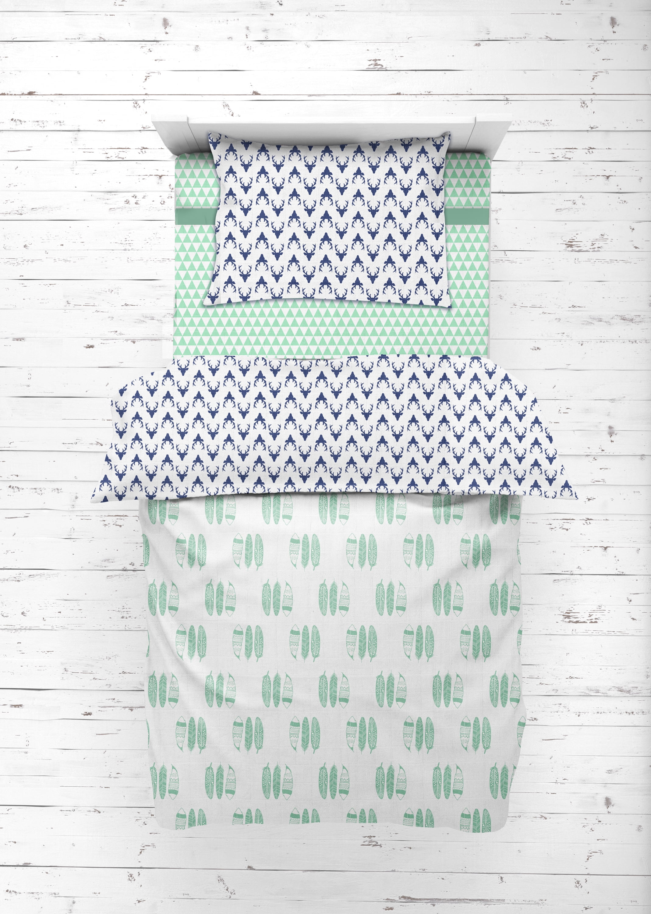 Bacati - Aztec/Tribal Navy 3-Piece 100% Cotton breathable Muslin Toddler Bedding Sheet Set, Bucks