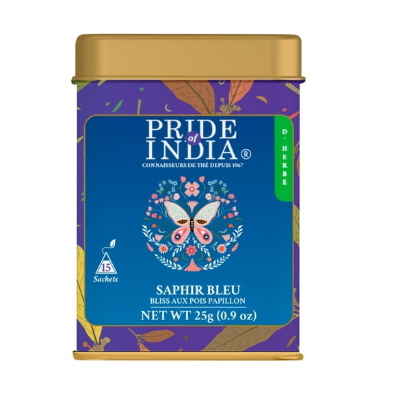 Pride of India Blue Sapphire Butterfly Pea Flower Tea, 15 Pyramid Tea Bags